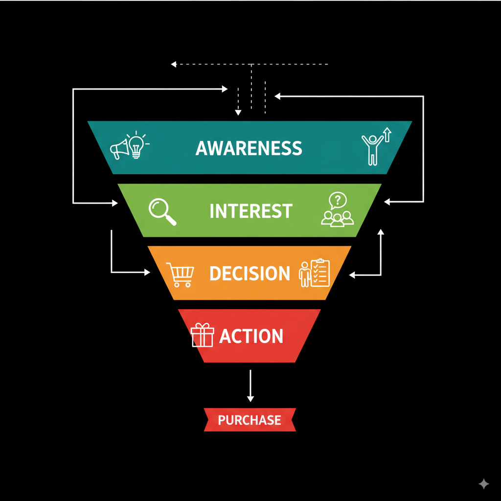 sales funnel stages awareness interest decision action visual diagram