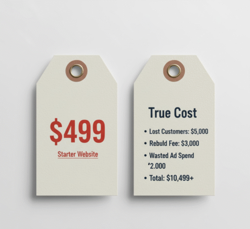 A price tag for a cheap website revealing a much higher true cost on the reverse side.