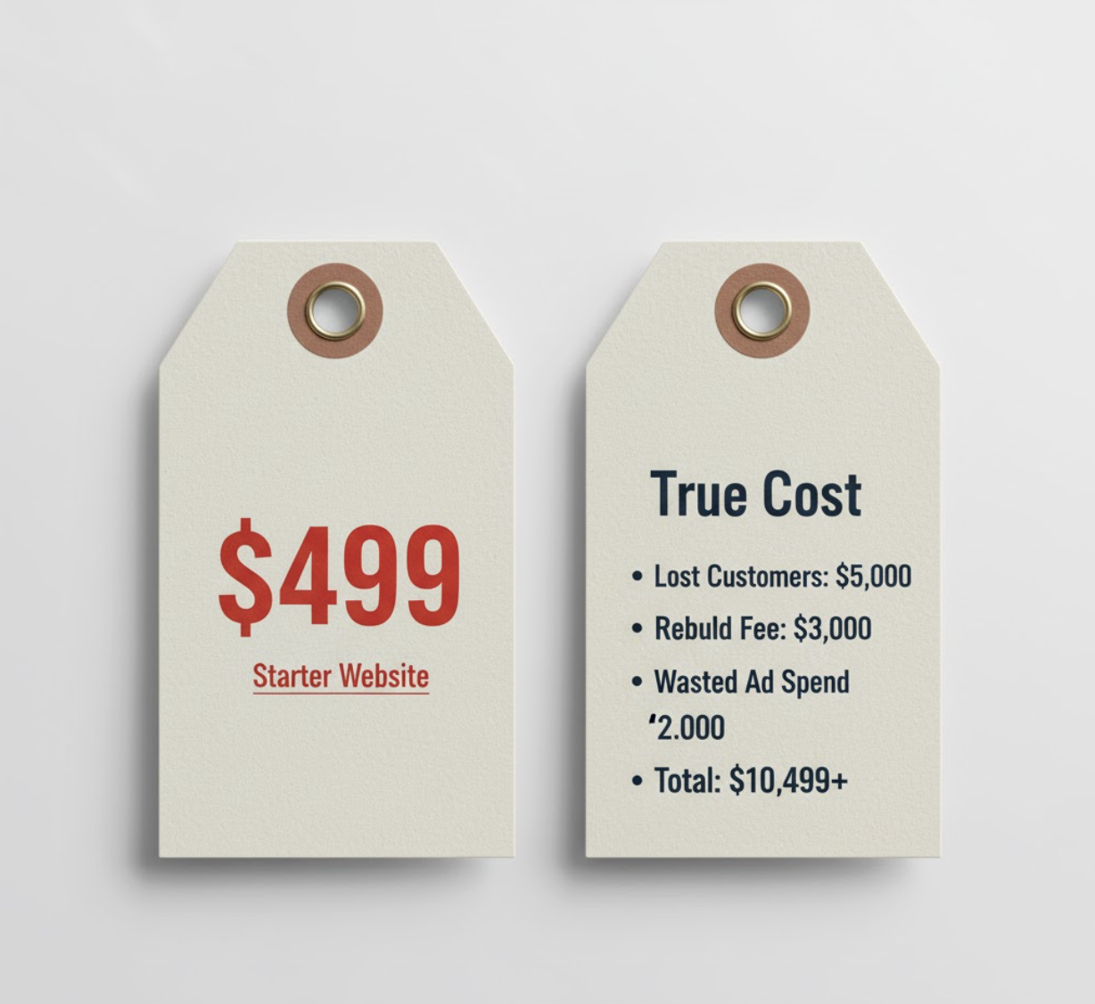 A price tag for a cheap website revealing a much higher true cost on the reverse side.