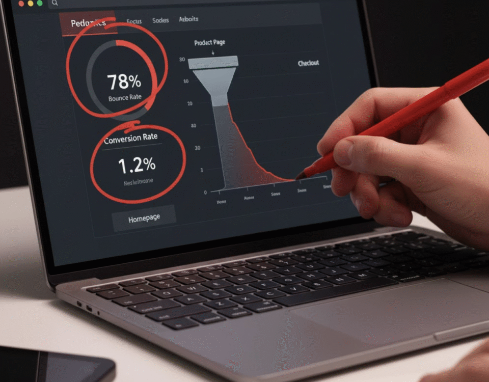 Analytics dashboard highlighting key warning signs for a needed website redesign, like high bounce rate and low conversions.