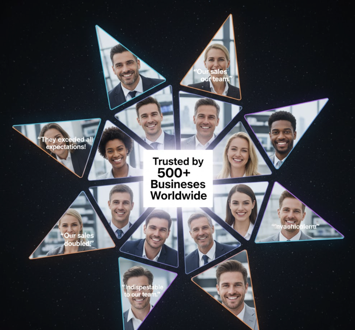 Collage of diverse customer testimonials forming a star shape around a central value proposition.