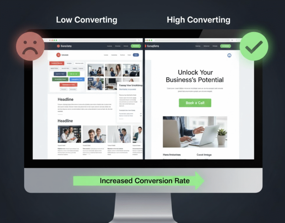 Comparison between a low-converting and a high-converting landing page design.