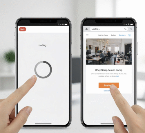 Comparison of a user abandoning a slow-loading website on mobile versus converting on a fast-loading site.