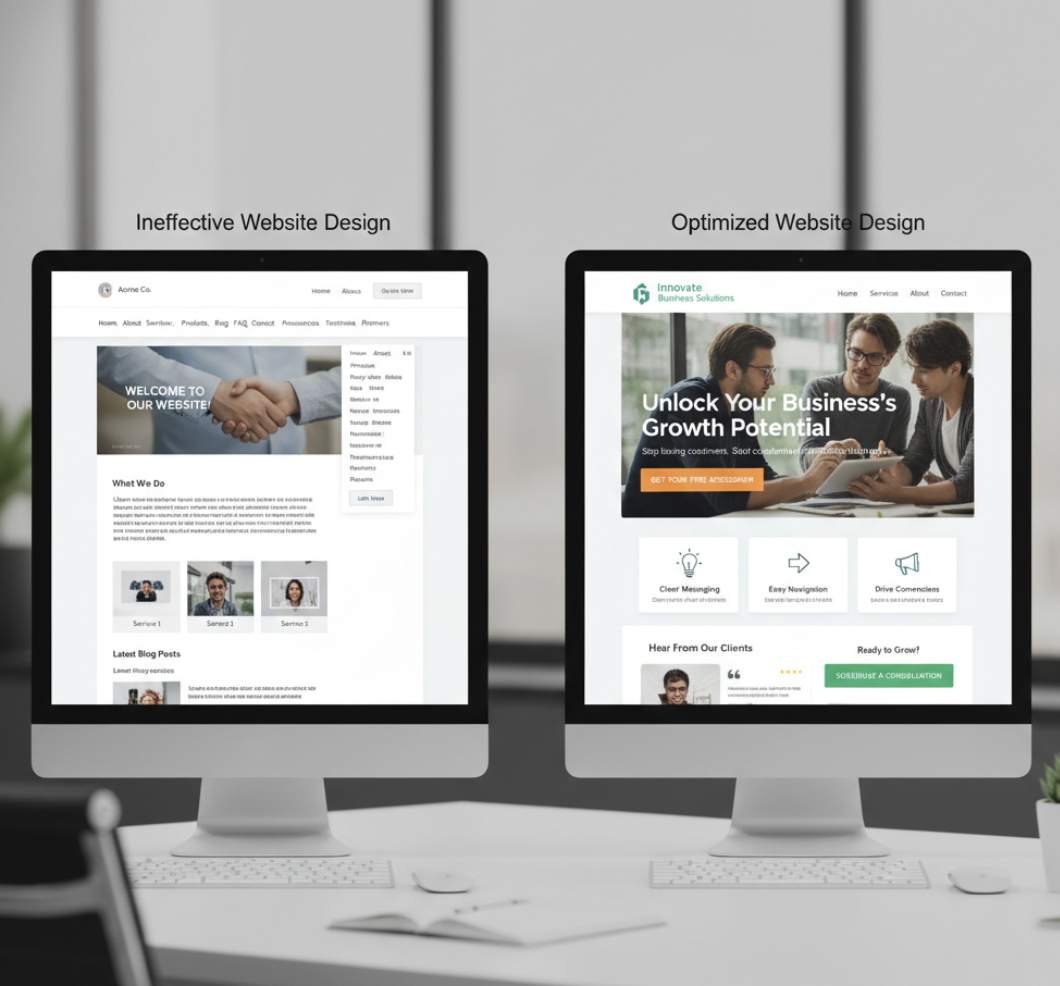 Comparison of ineffective and optimized small business website designs.
