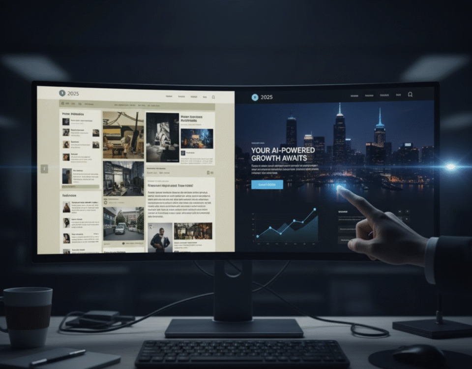 Comparison of outdated website design versus modern 2025 trends like minimalism and dark mode.