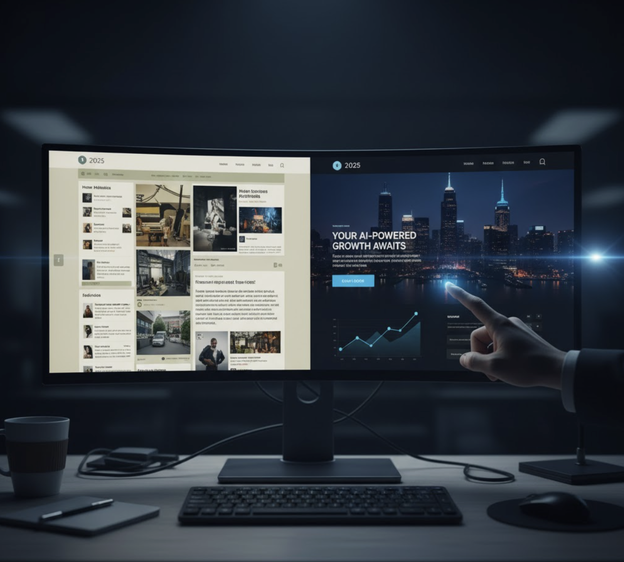 Comparison of outdated website design versus modern 2025 trends like minimalism and dark mode.