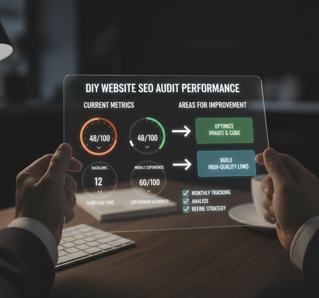 DIY website SEO audit performance dashboard illustration