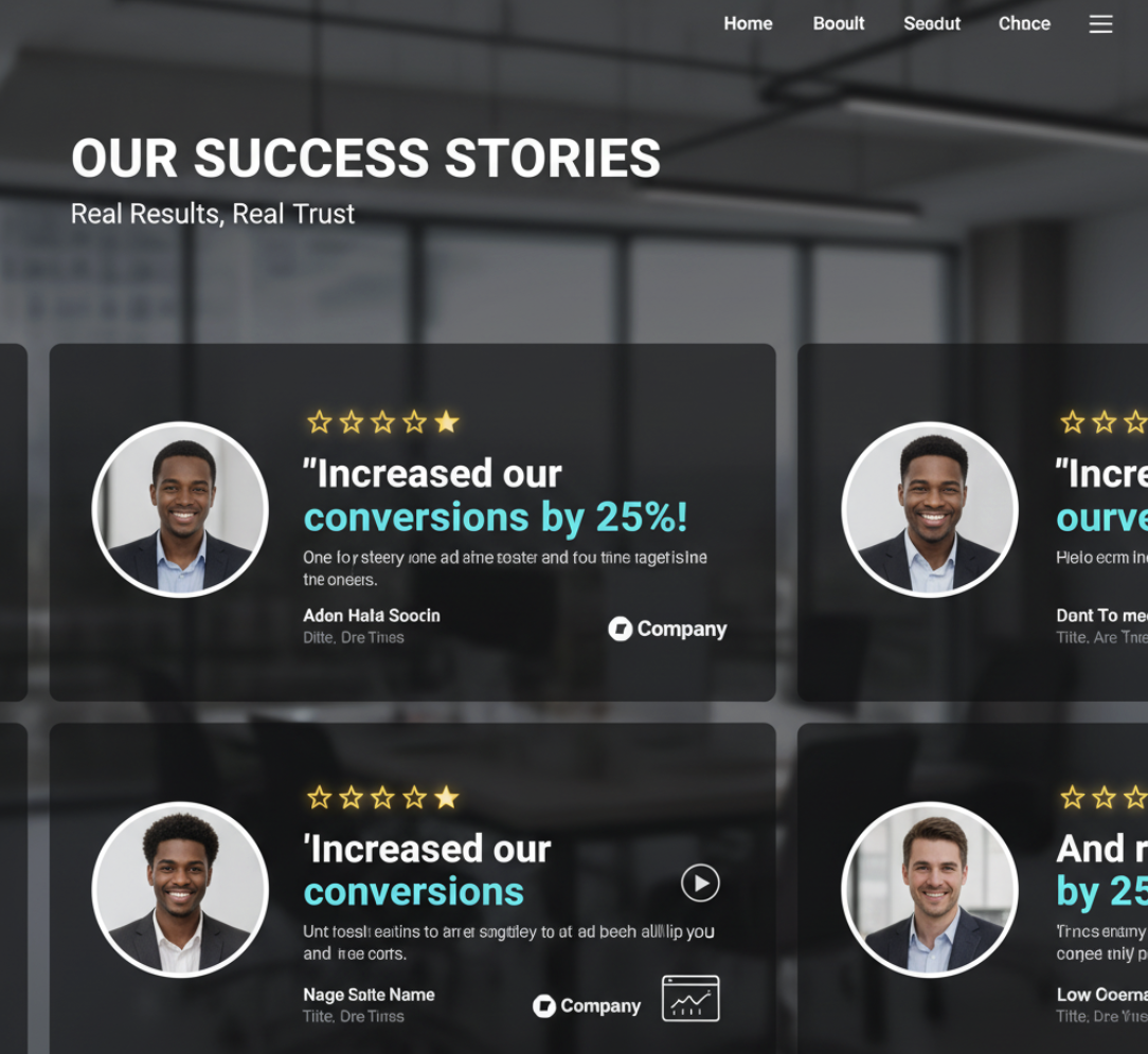 Example of testimonial section design with client quotes and star ratings.