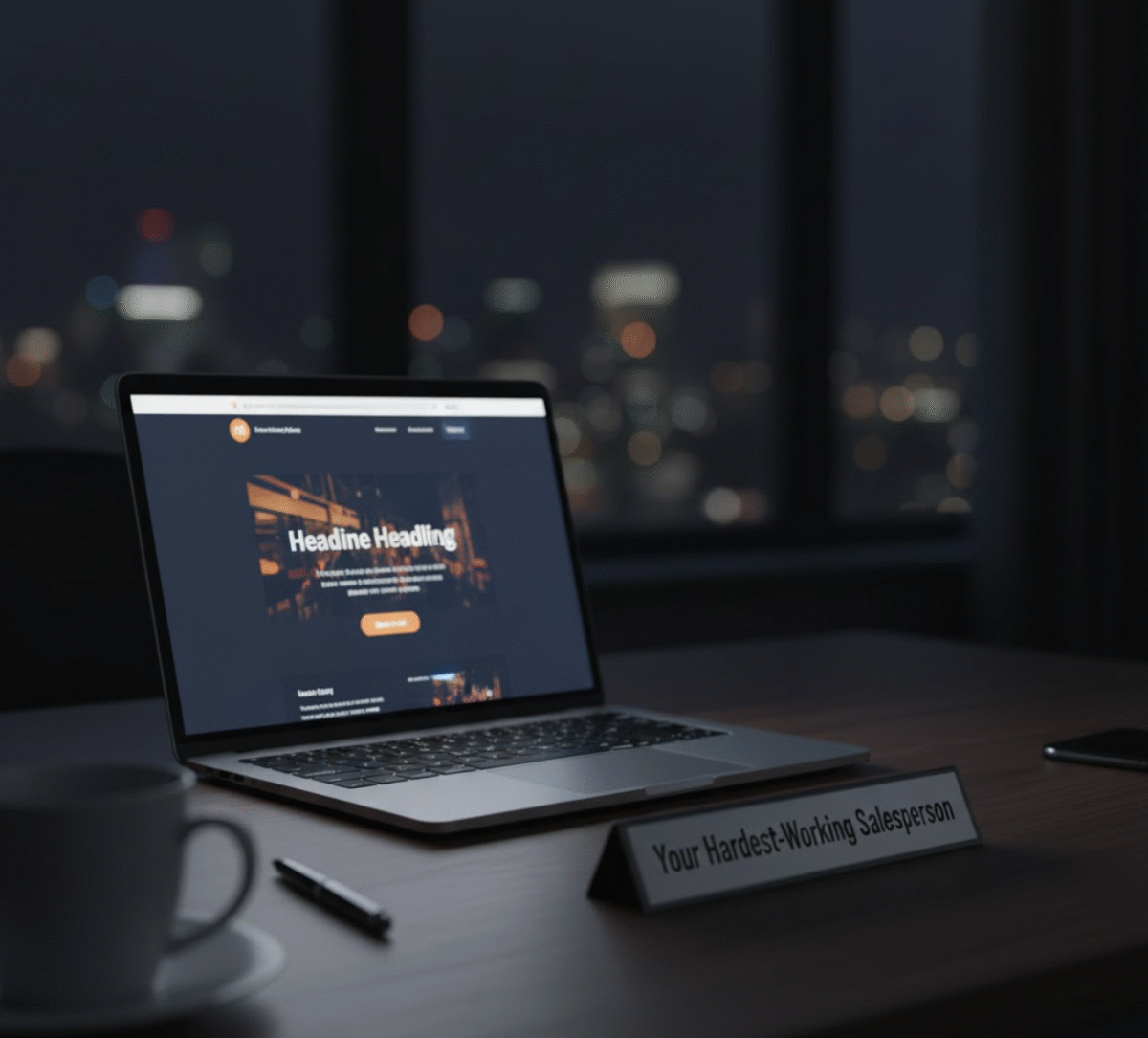 Laptop displaying a business website at night, symbolizing its role as a 24:7 salesperson.