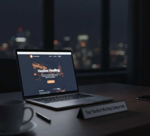 Laptop displaying a business website at night, symbolizing its role as a 24:7 salesperson.