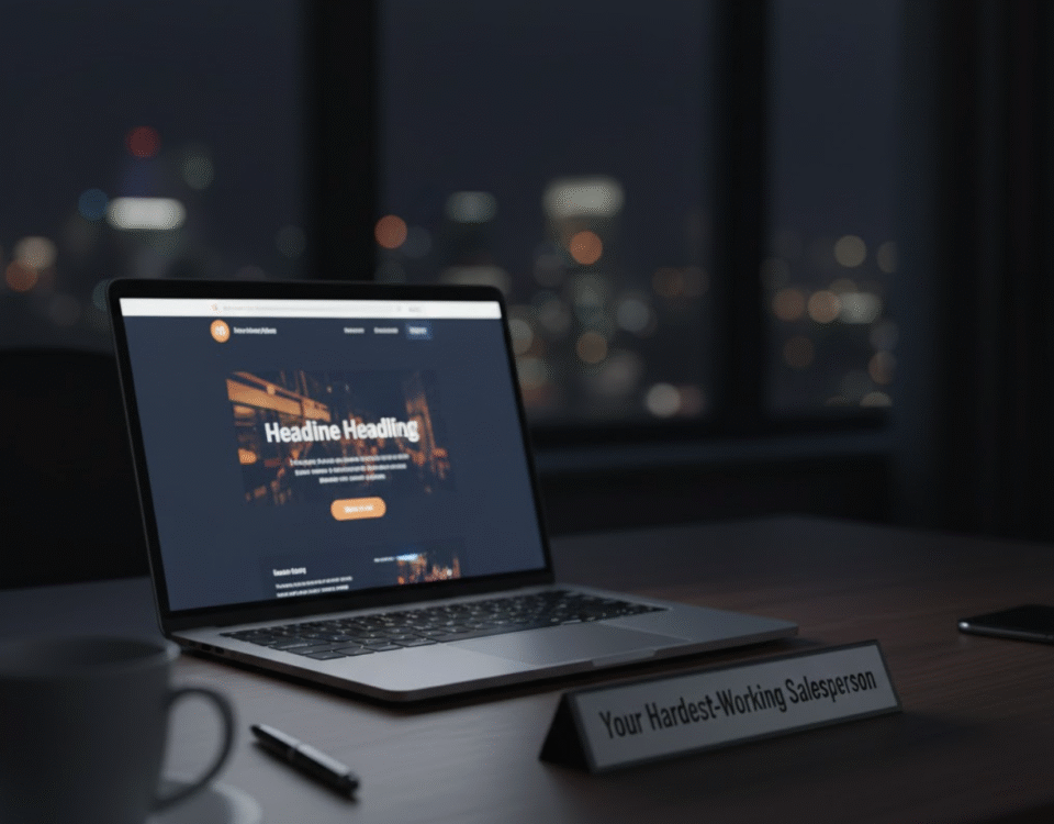 Laptop displaying a business website at night, symbolizing its role as a 24:7 salesperson.