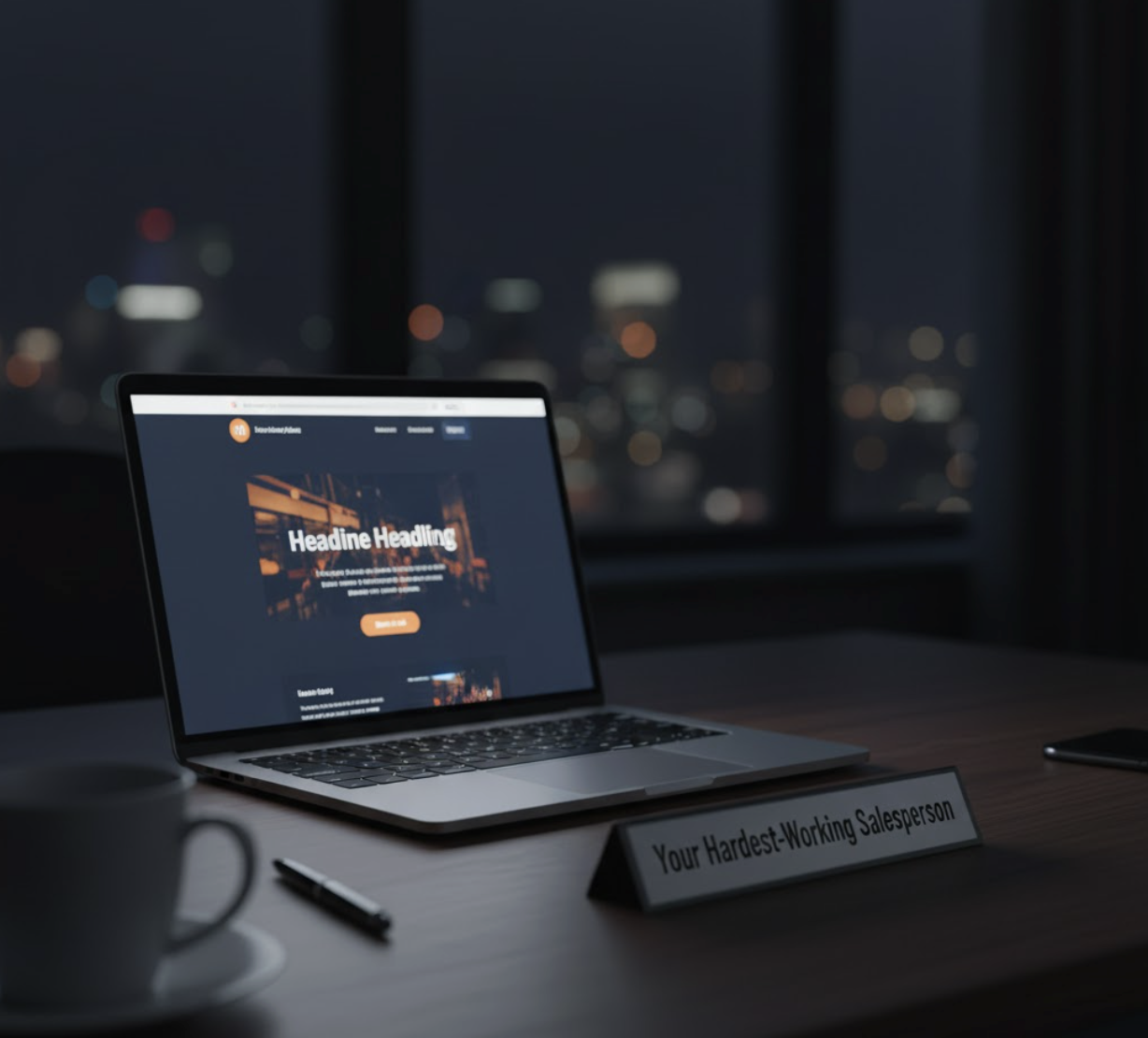 Laptop displaying a business website at night, symbolizing its role as a 24:7 salesperson.