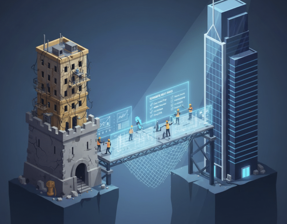 Metaphor for a structured website redesign process, using a checklist as a blueprint to safely bridge the old site to the new.