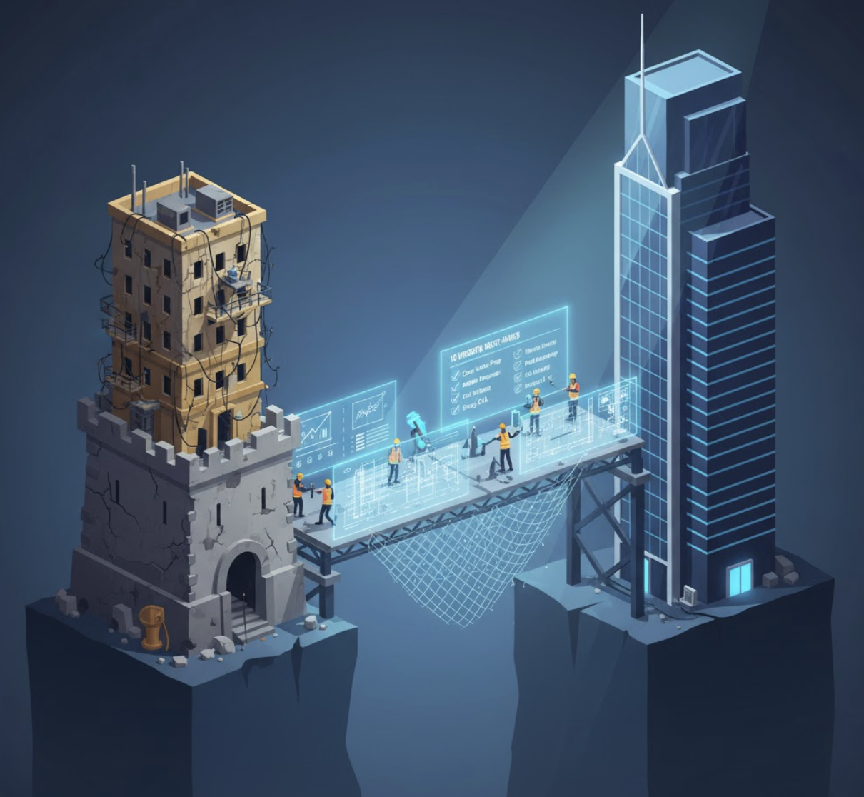 Metaphor for a structured website redesign process, using a checklist as a blueprint to safely bridge the old site to the new.