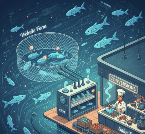 Metaphor for a website and CRM integration as a fishing net connected to an automated processing plant.