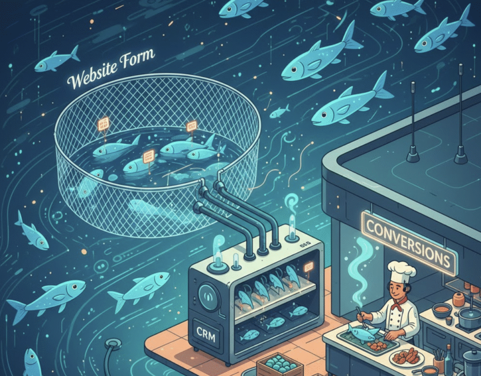 Metaphor for a website and CRM integration as a fishing net connected to an automated processing plant.