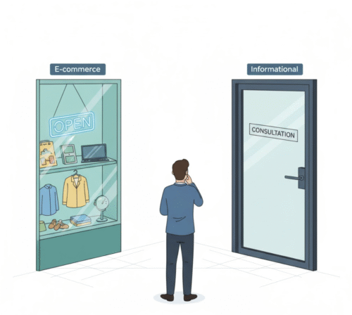 Metaphor for choosing between an e-commerce website like a store and an informational website like a consultancy.
