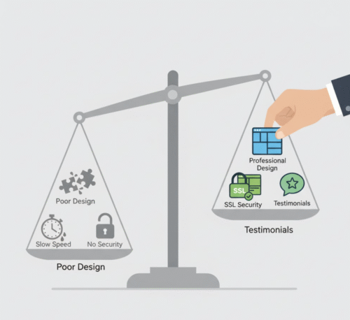 Metaphor for how trust-building elements in web design outweigh factors that erode credibility.