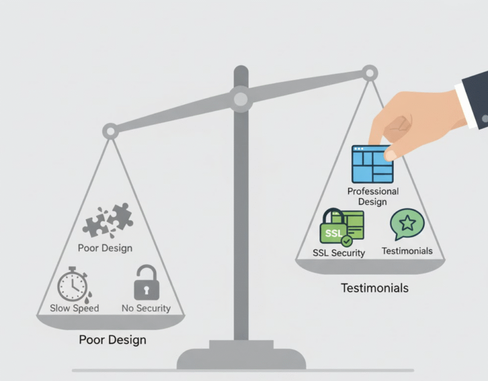 Metaphor for how trust-building elements in web design outweigh factors that erode credibility.