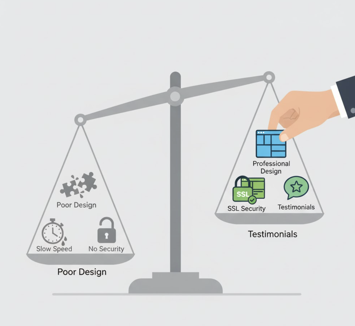 Metaphor for how trust-building elements in web design outweigh factors that erode credibility.