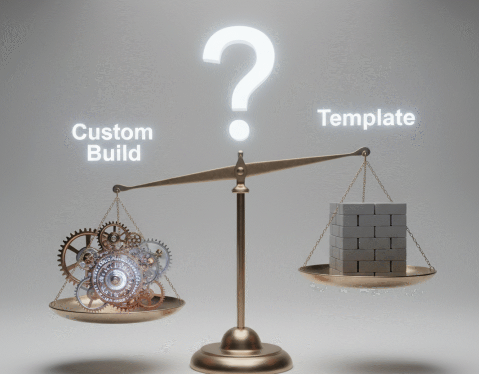 Metaphor for the balanced choice between a custom website build and using a template.