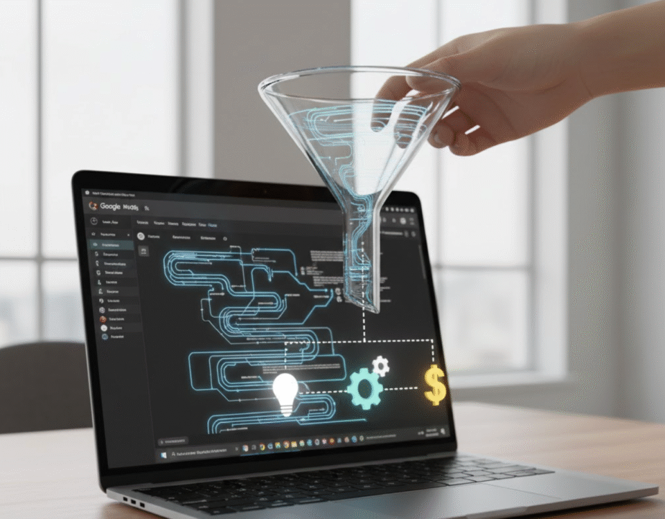 Metaphor for using Google Analytics to turn complex user data into clear business actions and results.