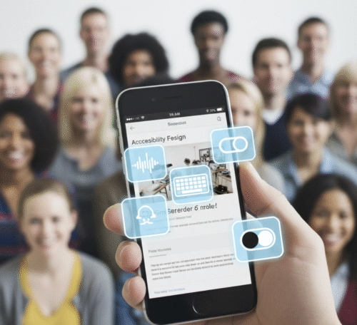 Smartphone displaying a website with multiple accessibility features enabled, representing inclusive design.