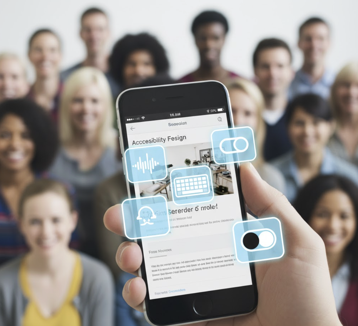 Smartphone displaying a website with multiple accessibility features enabled, representing inclusive design.