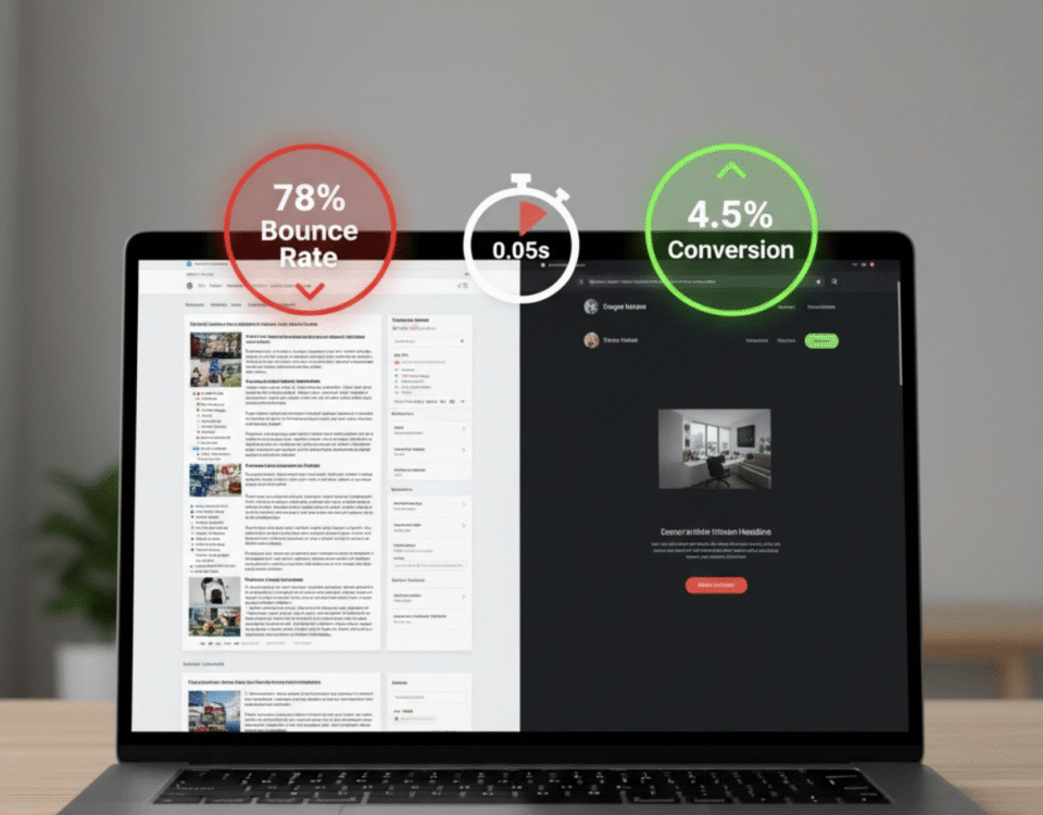 Split-view comparison showing how website design impacts bounce rate vs. conversion within the first 0.05 seconds.
