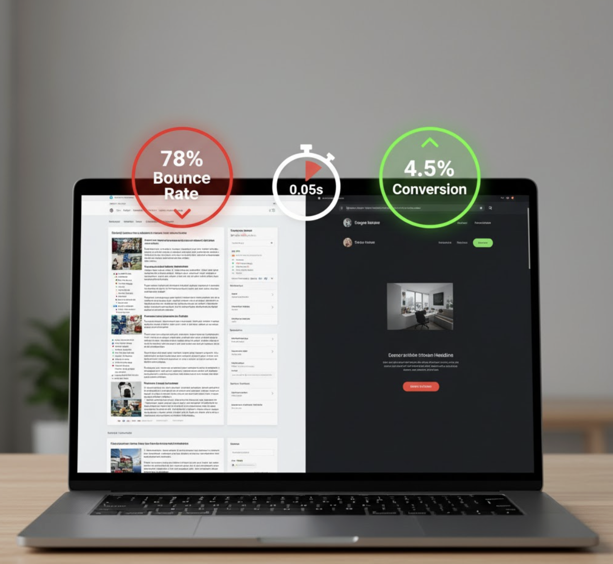 Split-view comparison showing how website design impacts bounce rate vs. conversion within the first 0.05 seconds.