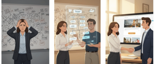 Three-panel story showing the ActStrategic process of bringing clarity and strategy to a business, resulting in a successful website.