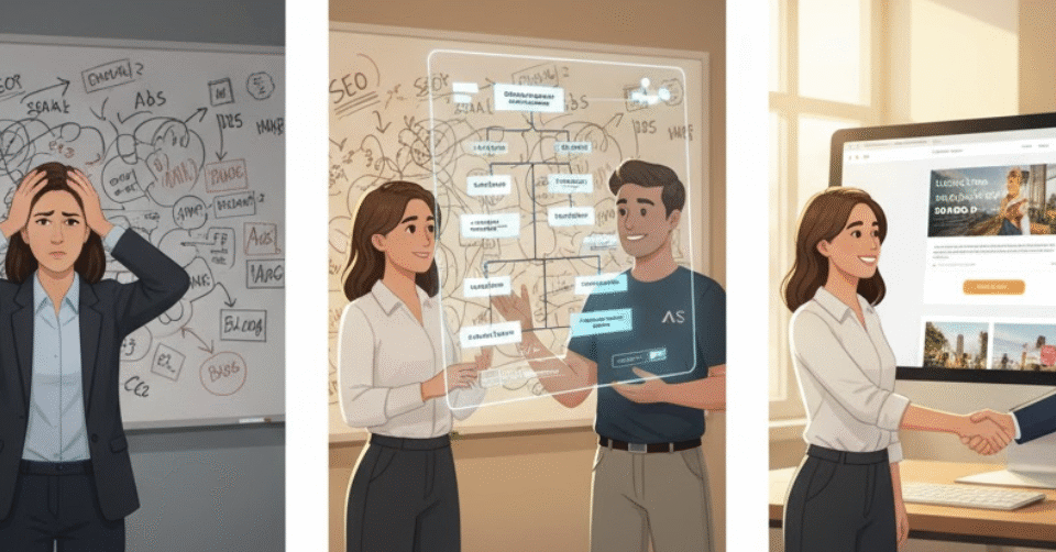 Three-panel story showing the ActStrategic process of bringing clarity and strategy to a business, resulting in a successful website.