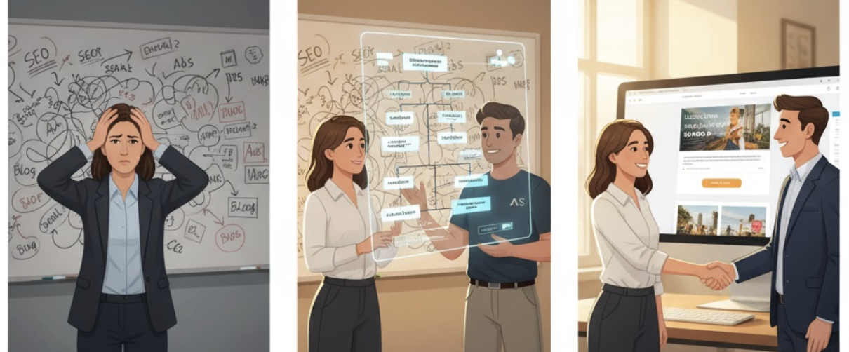 Three-panel story showing the ActStrategic process of bringing clarity and strategy to a business, resulting in a successful website.