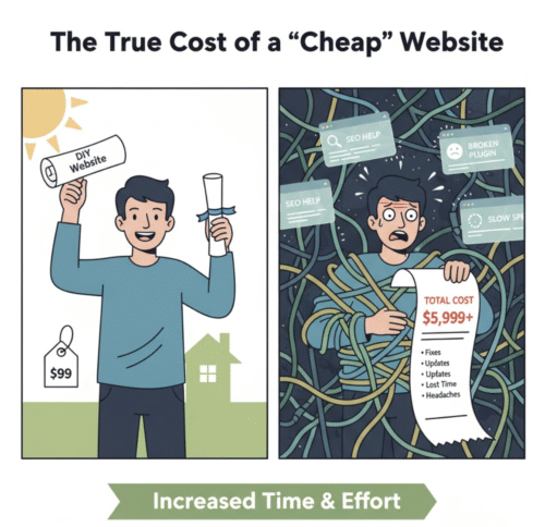 Two-panel comic comparing the initial low cost of a DIY website with the later hidden costs of time and frustration