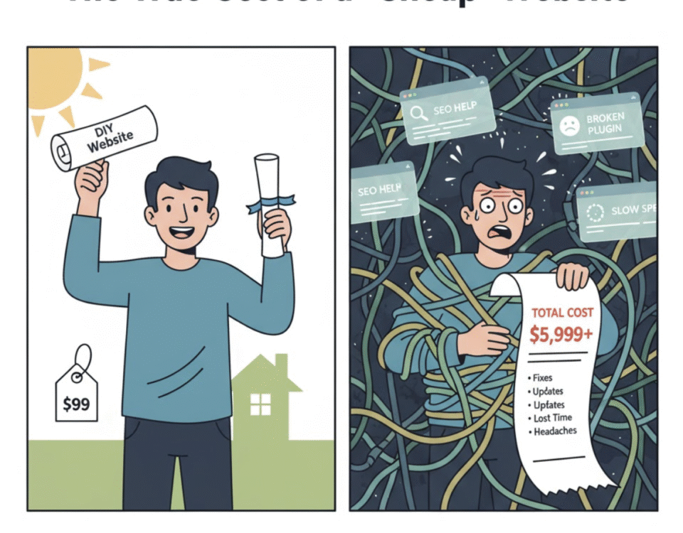 Two-panel comic comparing the initial low cost of a DIY website with the later hidden costs of time and frustration