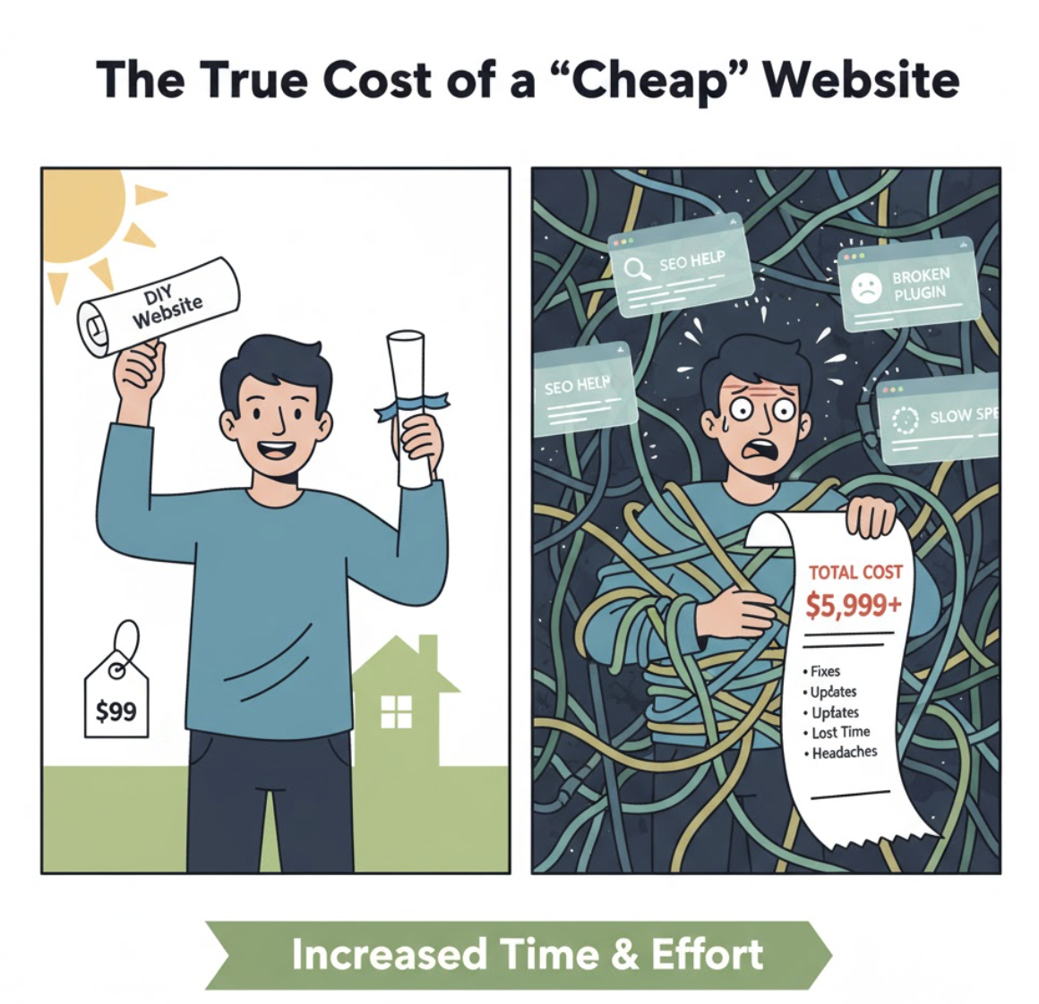 Two-panel comic comparing the initial low cost of a DIY website with the later hidden costs of time and frustration