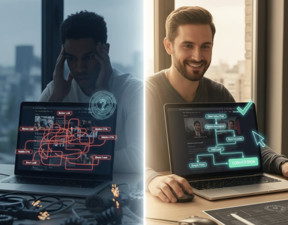 Visual metaphor comparing a frustrating website experience as a maze versus a successful one as a clear, guided pathway thanks to good UX design.