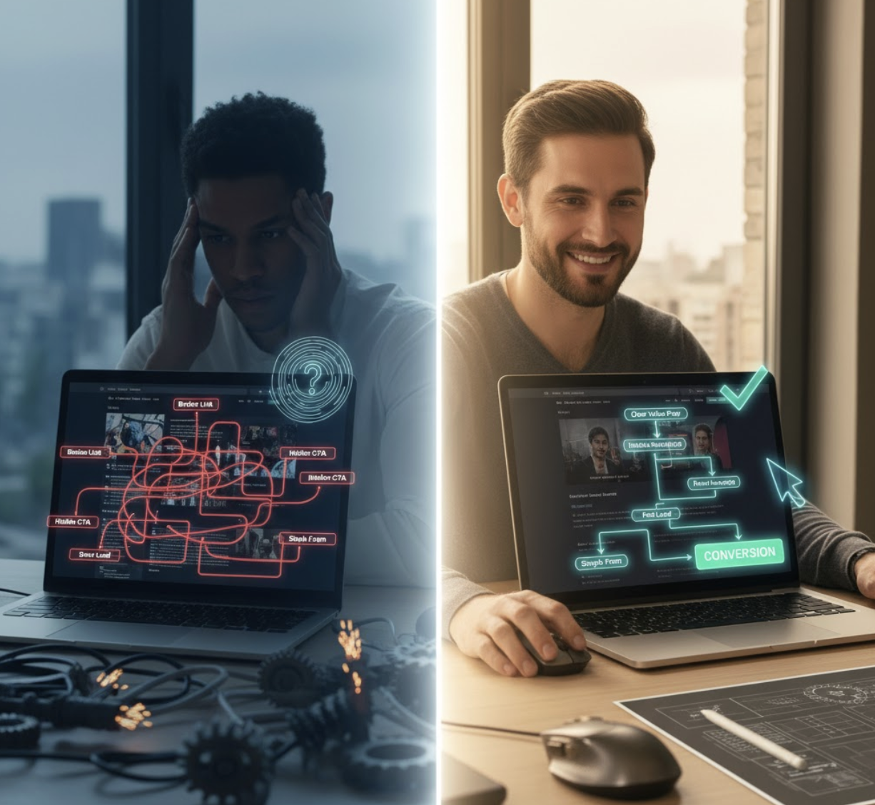 Visual metaphor comparing a frustrating website experience as a maze versus a successful one as a clear, guided pathway thanks to good UX design.