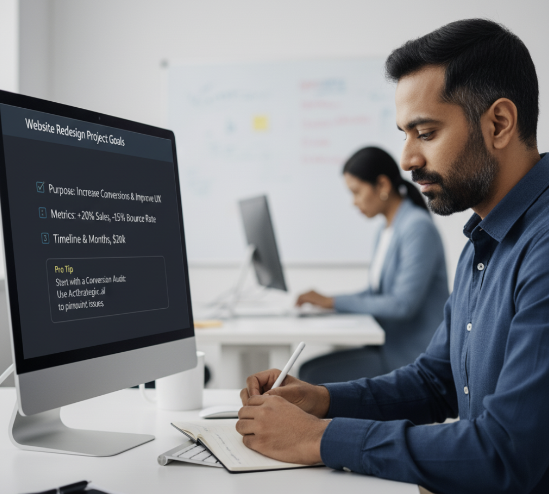 illustrating the clarity of goals before a website redesign, possibly showing a person writing down objectives or a clear checklist