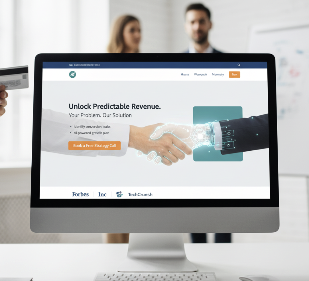 illustrating the importance of a landing page, perhaps with a visual metaphor of a handshake or a critical conversion moment