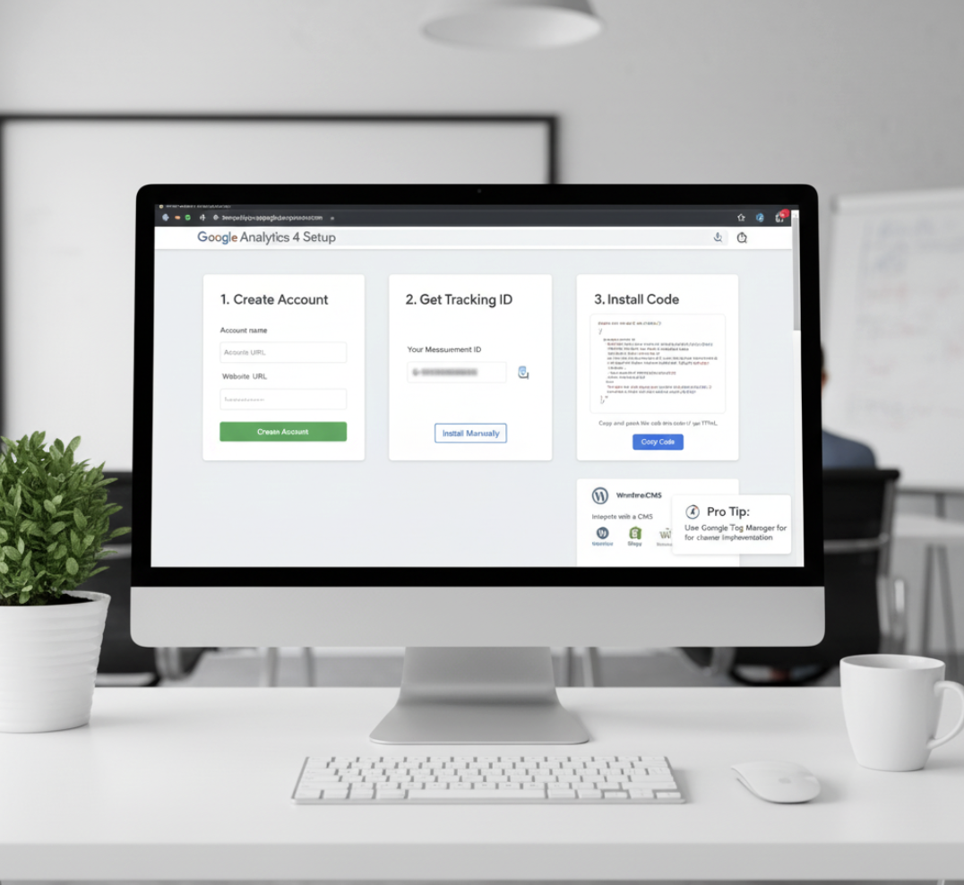 showing the process of setting up Google Analytics, with a focus on creating an account, getting a tracking ID, and installing the code