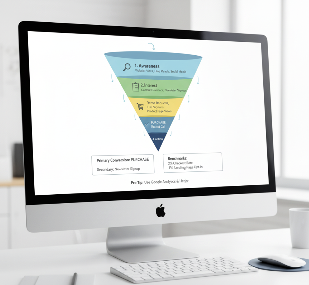 website conversion funnel diagram showing user journey stages