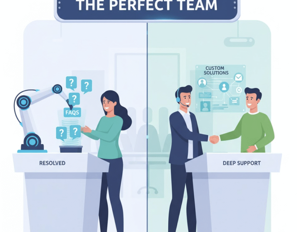 Metaphor for chatbot and live chat integration, showing automation handling simple tasks and humans handling complex ones